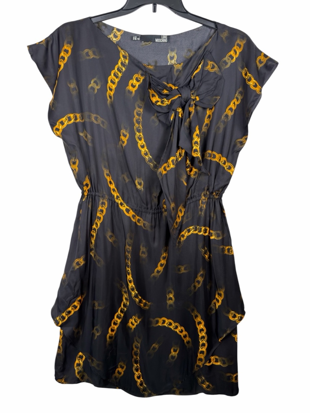 Love Moschino Black Gold Chain Print Mini Dress W/Bow Sz 10 Excellent Condition